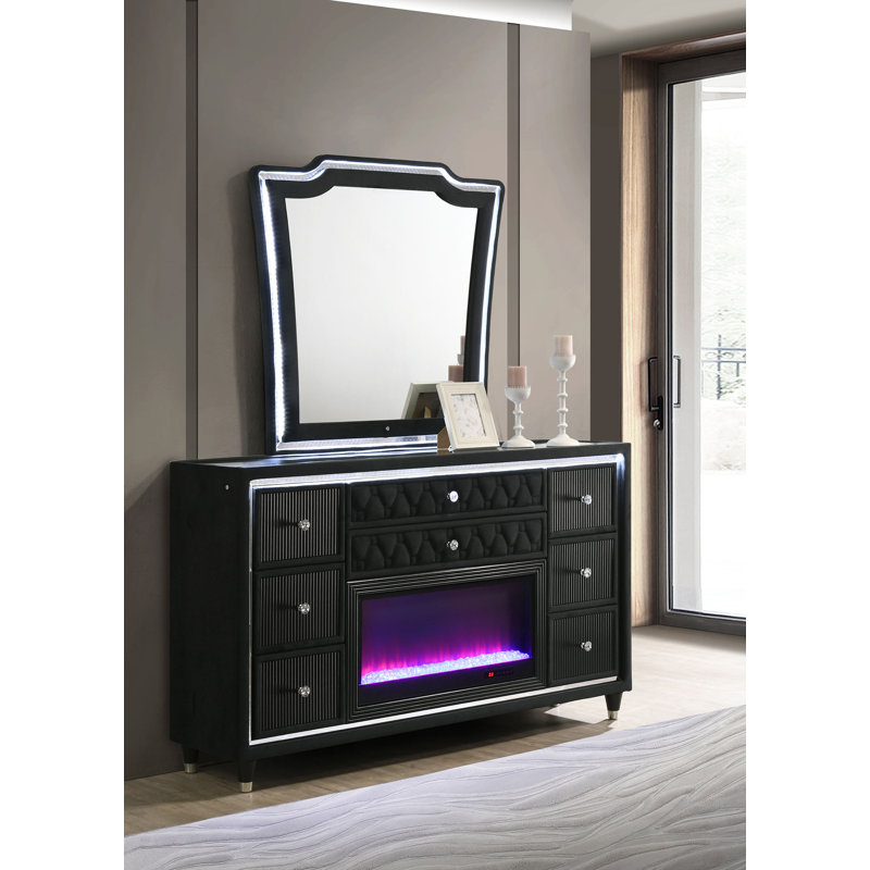 Rosdorf Park Castiglione 8-Drawer LED Flame Box Dresser And Mirror